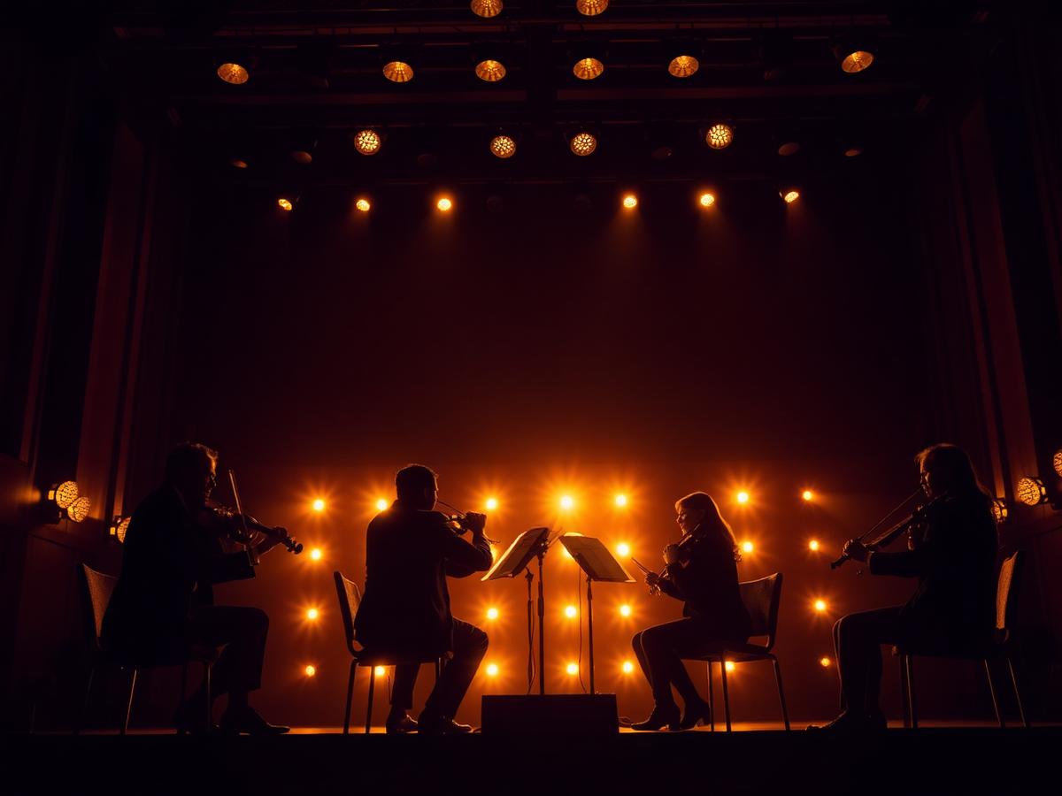 Cuarteto de cuerda actuando bajo luces doradas en un auditorio
